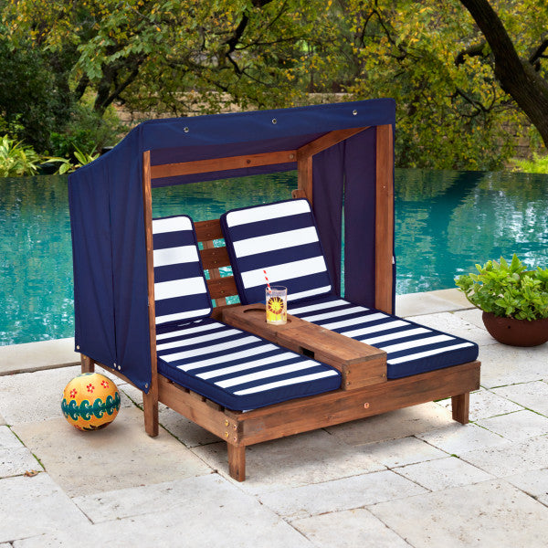 KidKraft Double Chaise Lounge with Cup Holders - Espresso with Navy & White Stripes