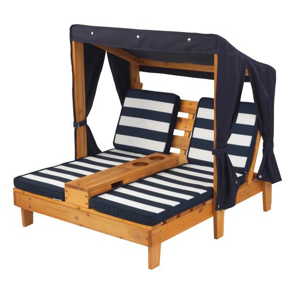 KidKraft Double Chaise Lounge with Cup Holders - Honey with Navy & White Stripes